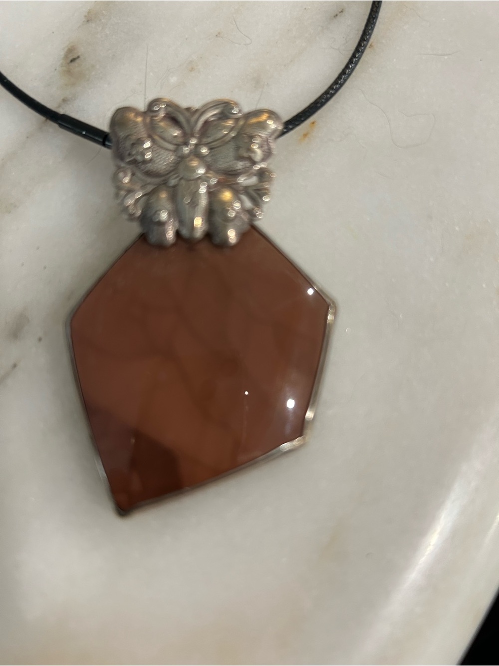 Stephen Dweck Brown Agate Pendant Necklace with Silver Floral Bail